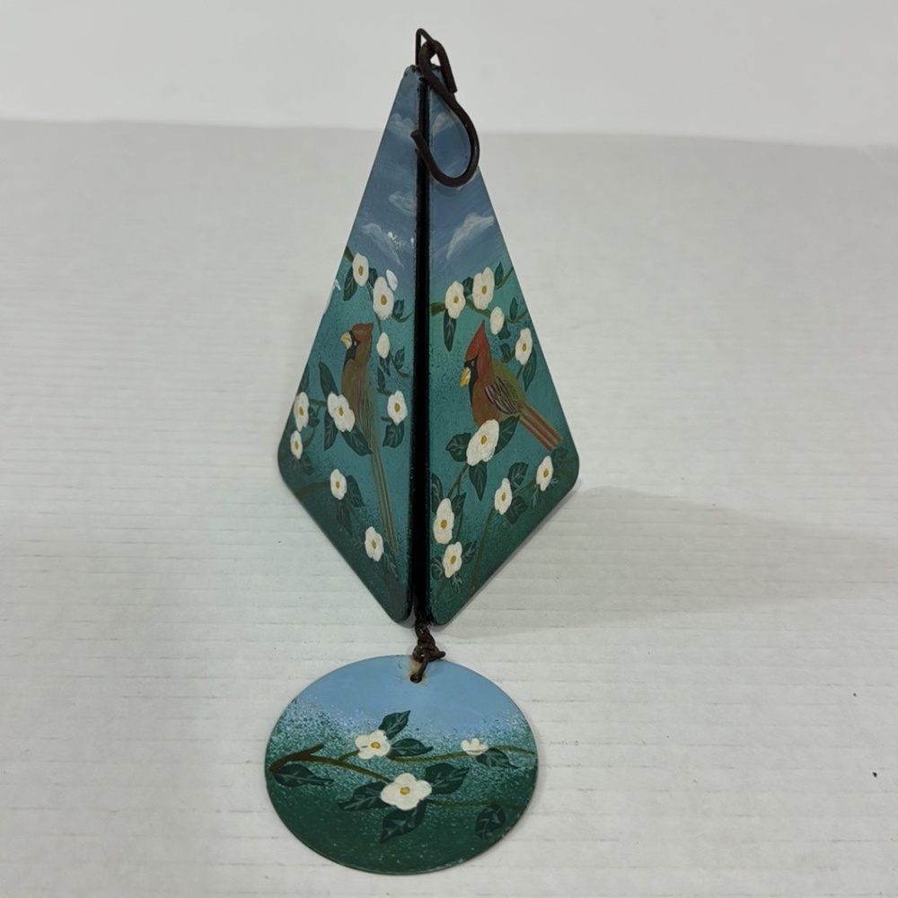 Vtg Triangle Wind Chime Hand Painted Metal Red Robin Birds And Flowers 1999